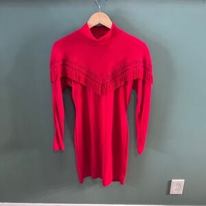 Vintage Notorious Red Mock Neck Fringe Dress Size‎ 5 Acrylic Long Sleeve Western